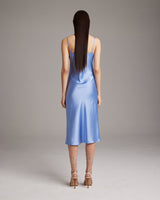 Back view of a blue Midi Slip Dress with spaghetti straps