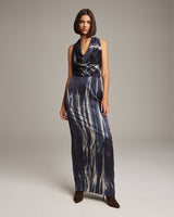 Model wearing a Midnight Tie Dye Convertible Dress, showcasing its elegant design.