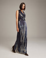 Model wearing a Midnight Tie Dye Convertible Dress, showcasing its elegant design and fabric.