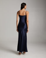 Back view of a navy Liquid Silk Slipdress
