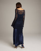 Back view of navy loose knit linen sweater