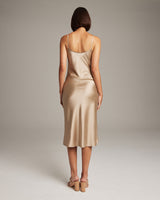 Back view of champagne-colored VOZ MIDI SLIP DRESS