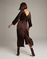 Model wearing a brown silk tunic dress, showing back view with a slit.