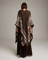 Back view of a brown striped zig zag duster with a flowing design