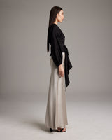 Black peasant blouse with puff sleeves and a wrap design