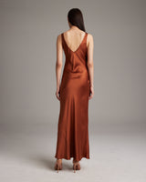 Back view of Double V Slip Dress in Rust Sandwashed Silk