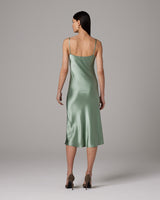 Back view of a green midi slip dress with thin straps