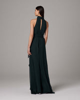 Back view of a dark green Crinkle Chiffon Palazzo Jumpsuit with a keyhole opening and belt