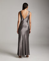 Back view of Long Double V Slip Dress in Silver Mink
