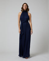 Model wearing a navy Crinkle Chiffon Palazzo Jumpsuit with a belt