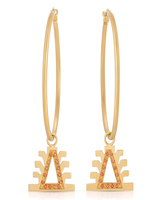 Gold hoop earrings with orange diamond charms, symbolizing love and protection.
