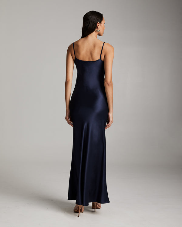 Back view of a navy Liquid Silk Slipdress