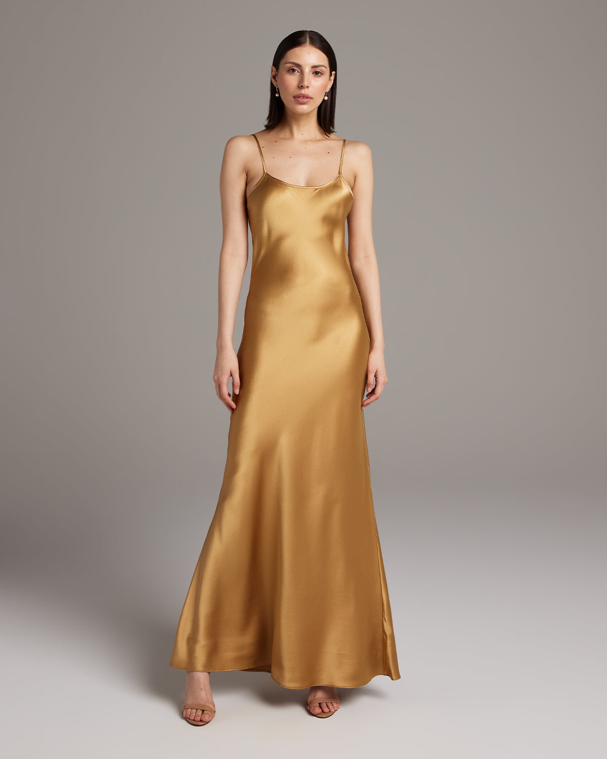 gold silk slip dress SilkSilky 100% Mulberry Silk Spaghetti Strap Deep V Neck Midi Dress with V-Back Design, Brown / XL