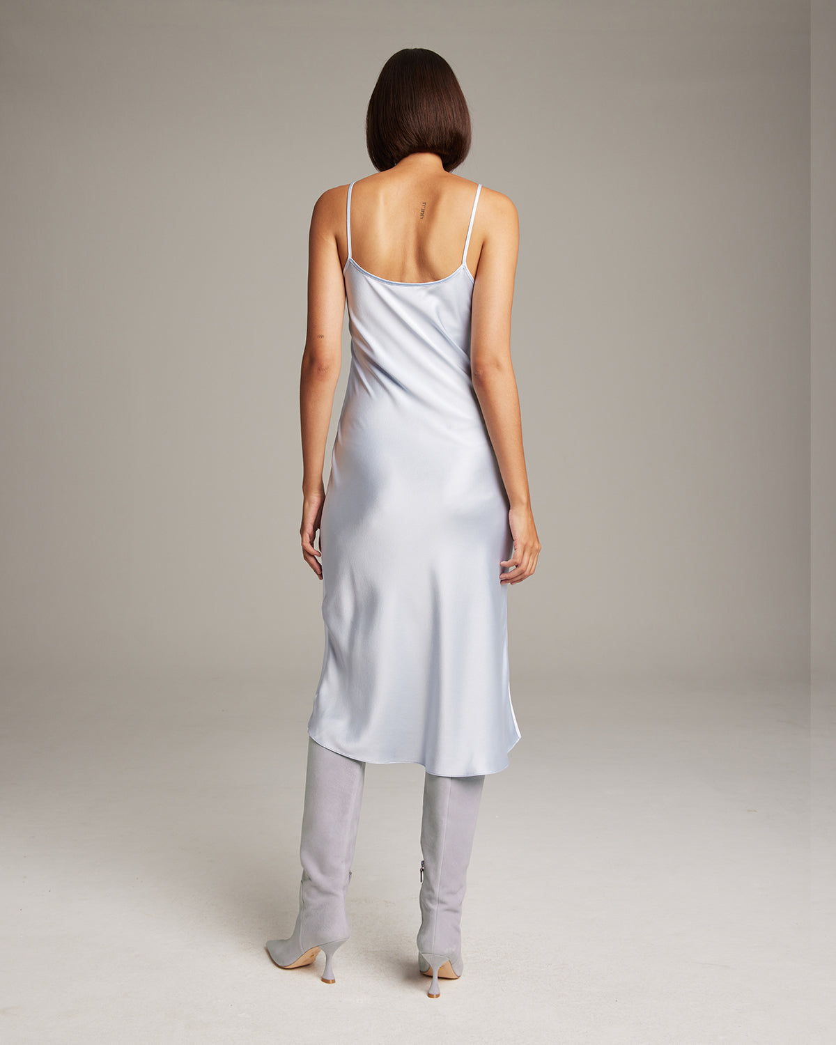 silver slip dress midi Silver Blue Open Back Cross Strap Midi Slip Dress