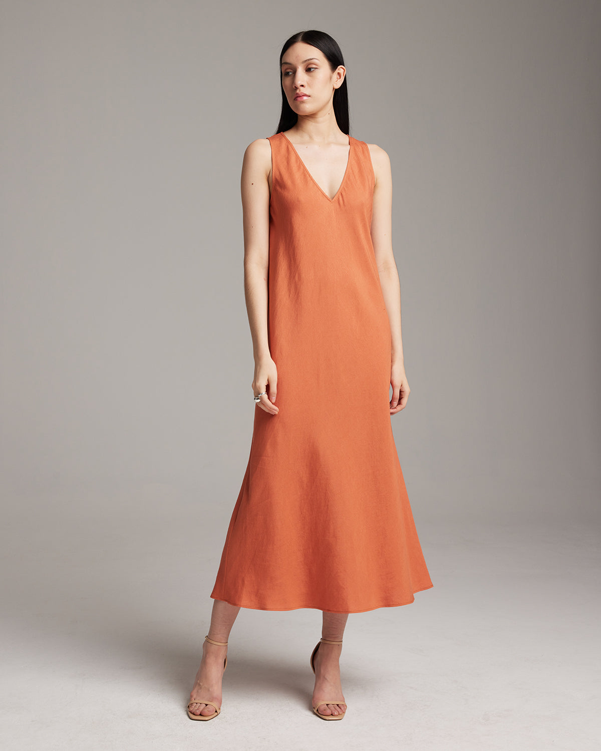 Linen V Neck Dress Persimmon / X-Large Linen V Neck Dress Persimmon / X-Large