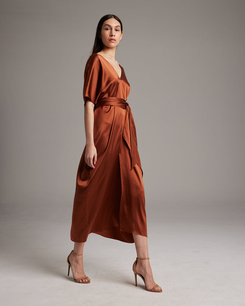 rust silk wrap dress PrettyLittleThing Rust Satin Long Sleeve Wrap Dress Women's US Large Lightweight